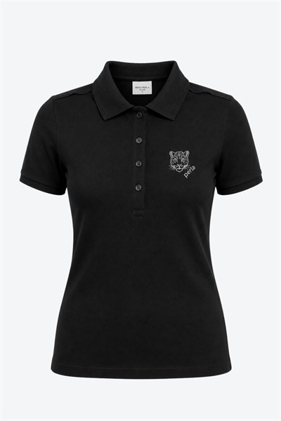 Kontür Jaguar Nakış Detaylı Slim Fit Kadın Siyah Polo Yaka T-Shirt