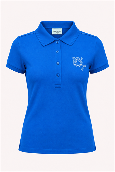 Kontür Jaguar Nakış Detaylı Slim Fit Kadın Mavi Polo Yaka T-Shirt