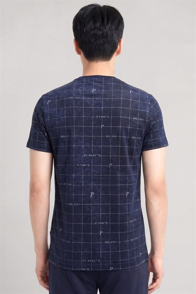 Milano Koordinat Baskı Detaylı,Bisiklet Yaka Slim Fit Erkek T-Shirt