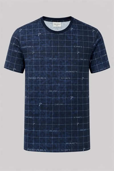 Milano Koordinat Baskı Detaylı,Bisiklet Yaka Slim Fit Erkek T-Shirt