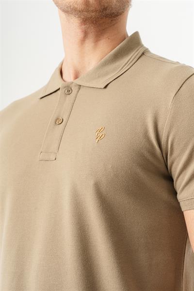 Mens Khaki T-Shirt with Slim Fit Polo Collar and Short Sleeves