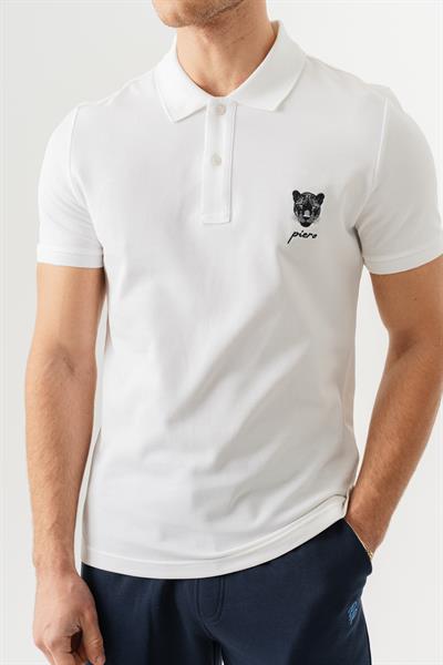 Mens White Polo Collar Slim Fit T-Shirt with Jaguar Embroidery on Front