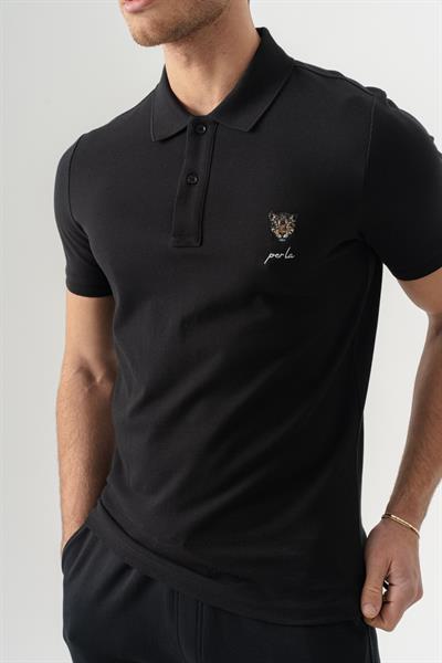 Mens Black Polo Collar Slim Fit T-Shirt with Jaguar Embroidery on Front
