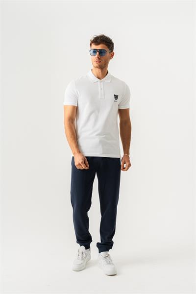 Mens White Polo Collar Slim Fit T-Shirt with Jaguar Embroidery on Front