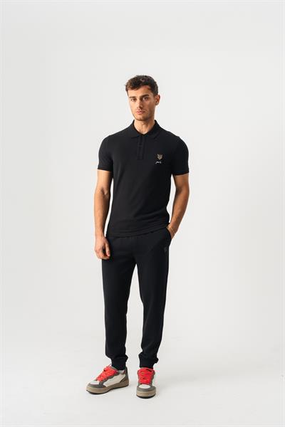 Mens Black Polo Collar Slim Fit T-Shirt with Jaguar Embroidery on Front