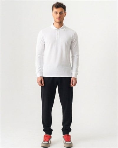 Mens White Polo Collar Slim Fit Long Sleeve T-Shirt