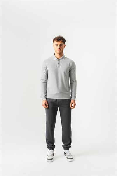 Mens Grey Melange Polo Collar Slim Fit Long Sleeve T-Shirt