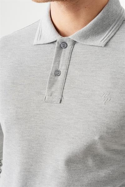 Mens Grey Melange Polo Collar Slim Fit Long Sleeve T-Shirt