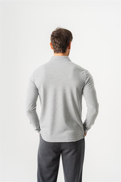 Mens Grey Melange Polo Collar Slim Fit Long Sleeve T-Shirt