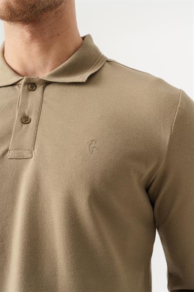 Mens Khaki T-Shirt with Slim Fit Polo Collar and Long Sleeves