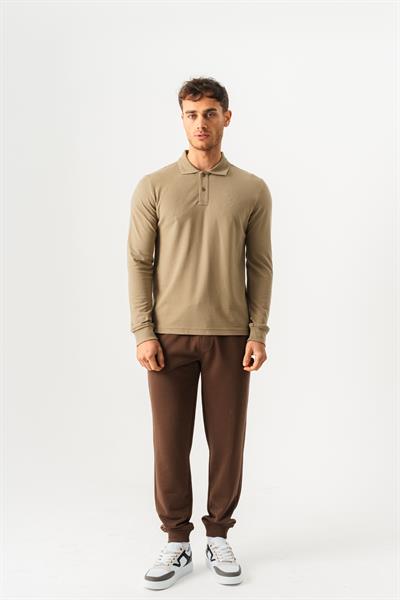 Mens Khaki T-Shirt with Slim Fit Polo Collar and Long Sleeves