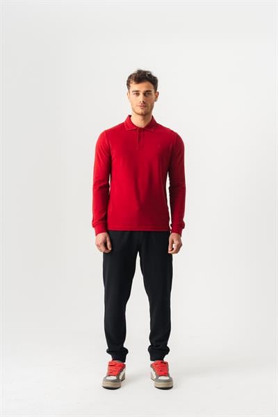 Mens Red Polo Collar Slim Fit Long Sleeve T-Shirt
