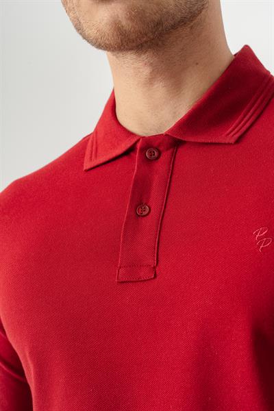 Mens Red Polo Collar Slim Fit Long Sleeve T-Shirt