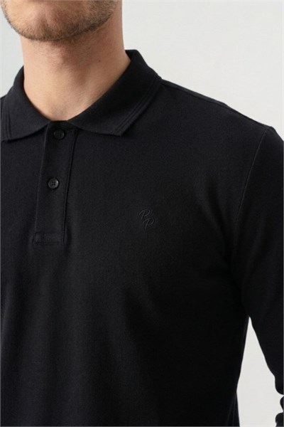 Polo Yaka Slim Fit Uzun Kollu Erkek Siyah T-Shirt