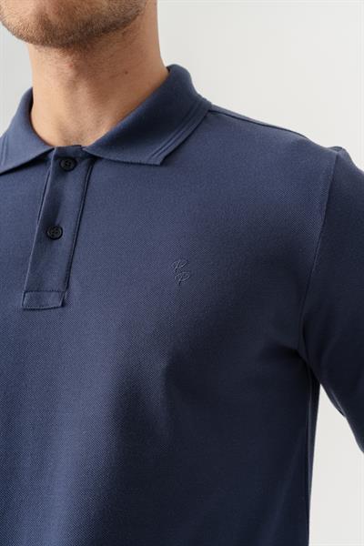Mens Navy Polo Collar Slim Fit Long Sleeve T-Shirt
