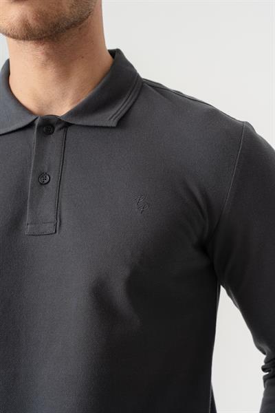 Mens Anthracite Polo Collar Slim Fit Long Sleeve T-Shirt