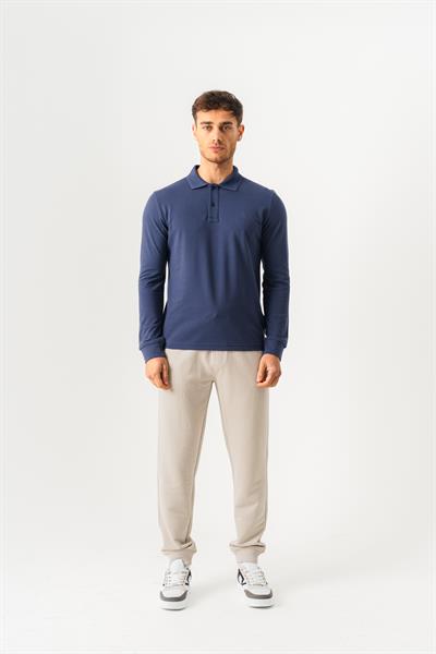 Mens Navy Polo Collar Slim Fit Long Sleeve T-Shirt
