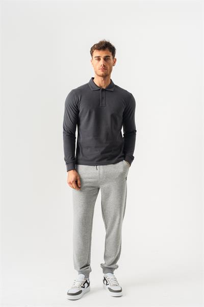Mens Anthracite Polo Collar Slim Fit Long Sleeve T-Shirt