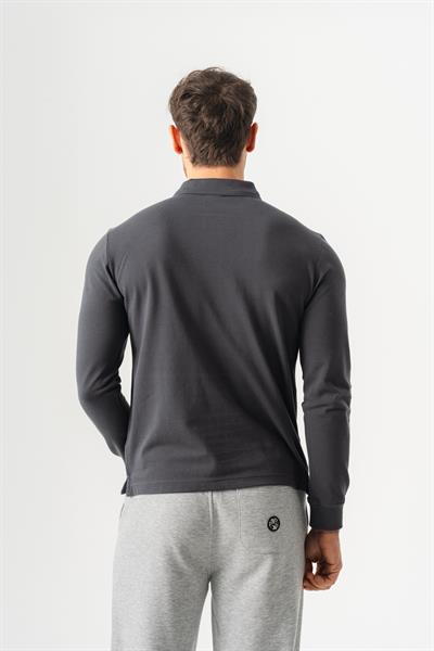 Mens Anthracite Polo Collar Slim Fit Long Sleeve T-Shirt
