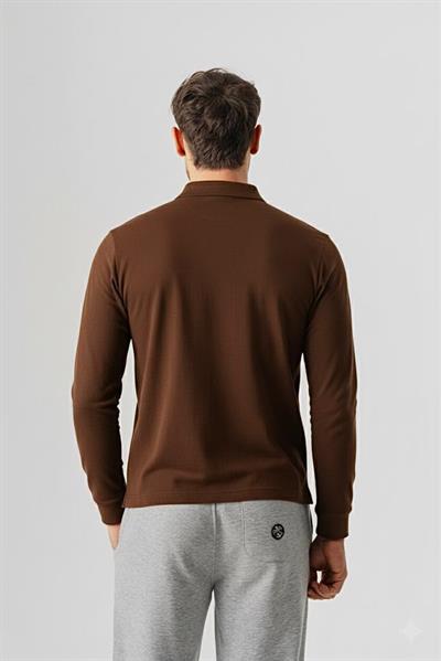 Mens Tan Polo Collar Slim Fit Long Sleeve T-Shirt