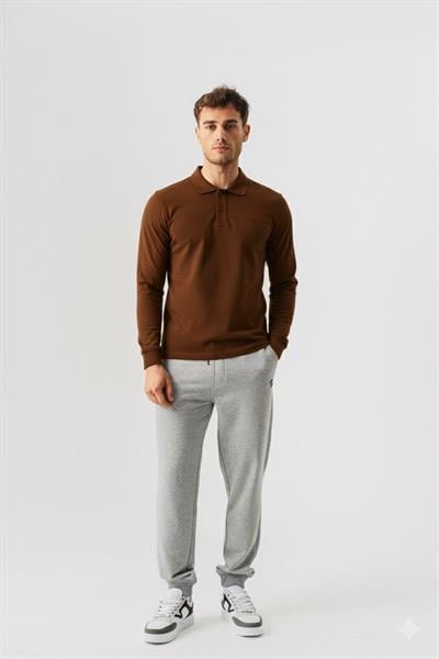 Polo Yaka Slim Fit Uzun Kollu Erkek Taba T-Shirt
