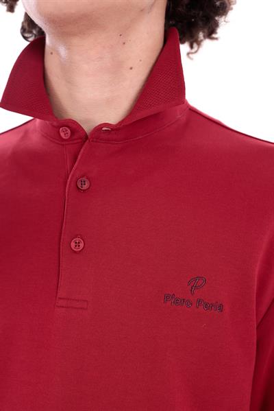 Regular Fit Jersey Interlock Jacquard Polo Collar Long-Sleeve T-Shirt for Men in Red