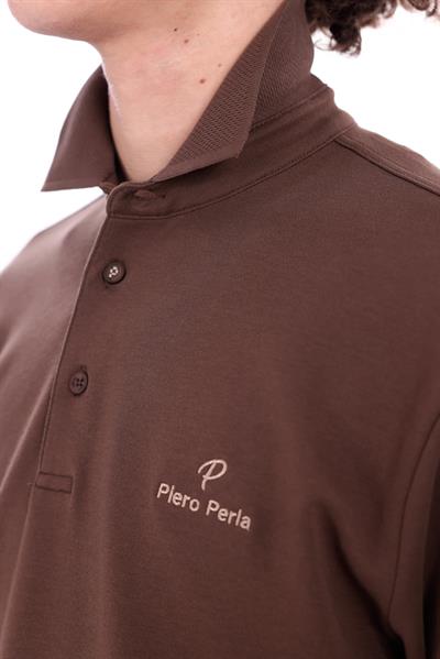 Regular Fit Jersey Interlock Jacquard Long-Sleeve Polo Shirt for Men in Tan