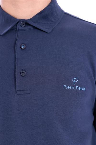 Regular Fit Long-Sleeve Polo Shirt with Jacquard Collar in Navy for Men