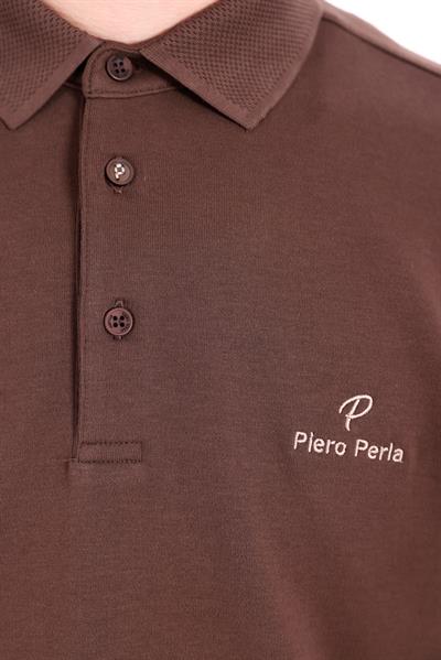 Regular Fit Jersey Interlock Jacquard Long-Sleeve Polo Shirt for Men in Tan