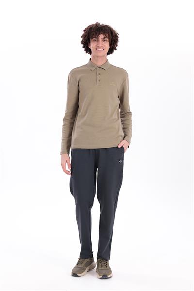 Regular Fit Jersey Interlock Jacquard Long-Sleeve Polo Shirt for Men in Khaki