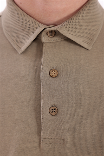 Regular Fit Jersey Interlock Jacquard Long-Sleeve Polo Shirt for Men in Khaki