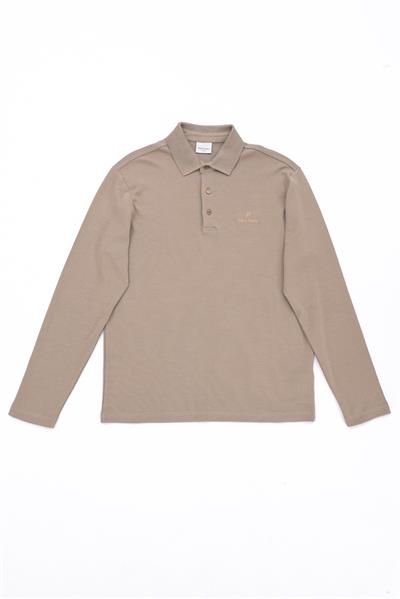Regular Fit Jersey Interlock Jacquard Long-Sleeve Polo Shirt for Men in Khaki