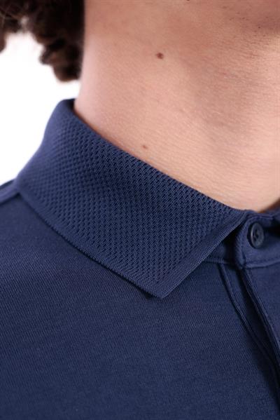 Regular Fit Long-Sleeve Polo Shirt with Jacquard Collar in Navy for Men