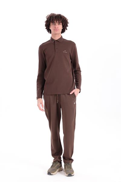 Regular Fit Jersey Interlock Jacquard Long-Sleeve Polo Shirt for Men in Tan