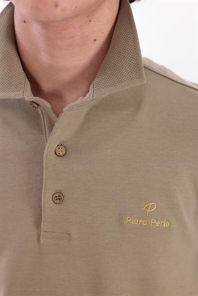 Regular Fit Jersey Interlock Jacquard Long-Sleeve Polo Shirt for Men in Khaki