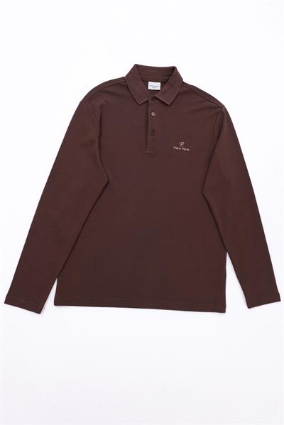 Regular Fit Jersey Interlock Jacquard Long-Sleeve Polo Shirt for Men in Tan