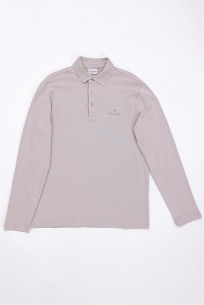 Regular fit jersey interlock jacquard long-sleeve polo shirt for men in stone