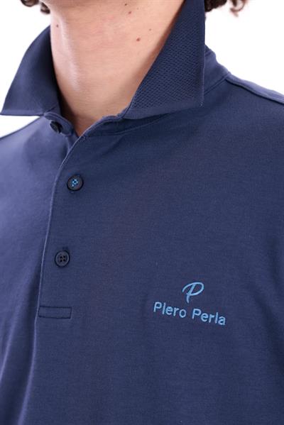 Regular Fit Long-Sleeve Polo Shirt with Jacquard Collar in Navy for Men