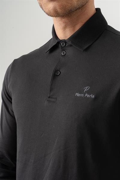 Regular Fit Jersey Interlock Jacquard Long-Sleeve Polo Shirt for Men in Anthracite