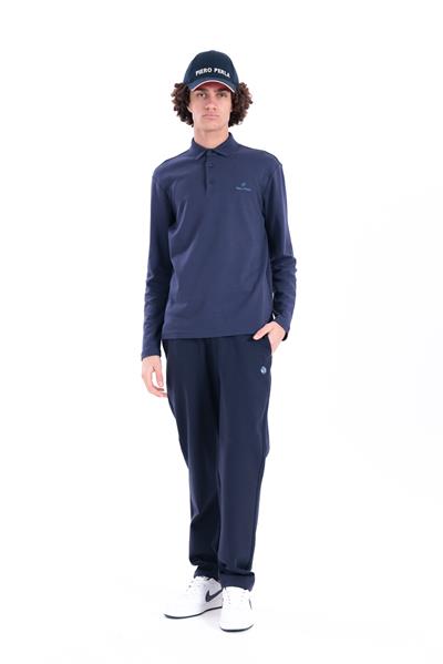 Regular Fit Long-Sleeve Polo Shirt with Jacquard Collar in Navy for Men