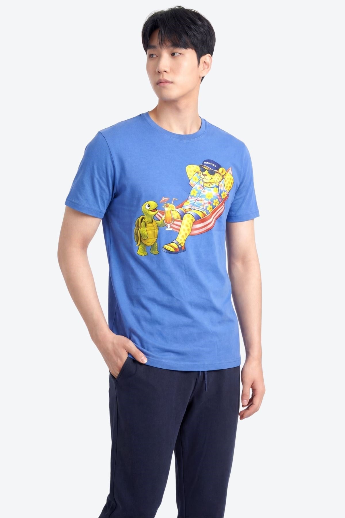 Jaguar Baskı Detaylı Bisiklet Yaka Regular Fit Erkek Mavi T-Shirt