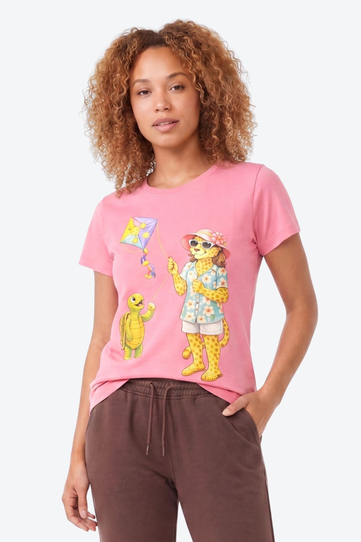 Jaguar Baskı Detaylı Bisiklet Yaka Slim Fit Kadın Pembe T-Shirt