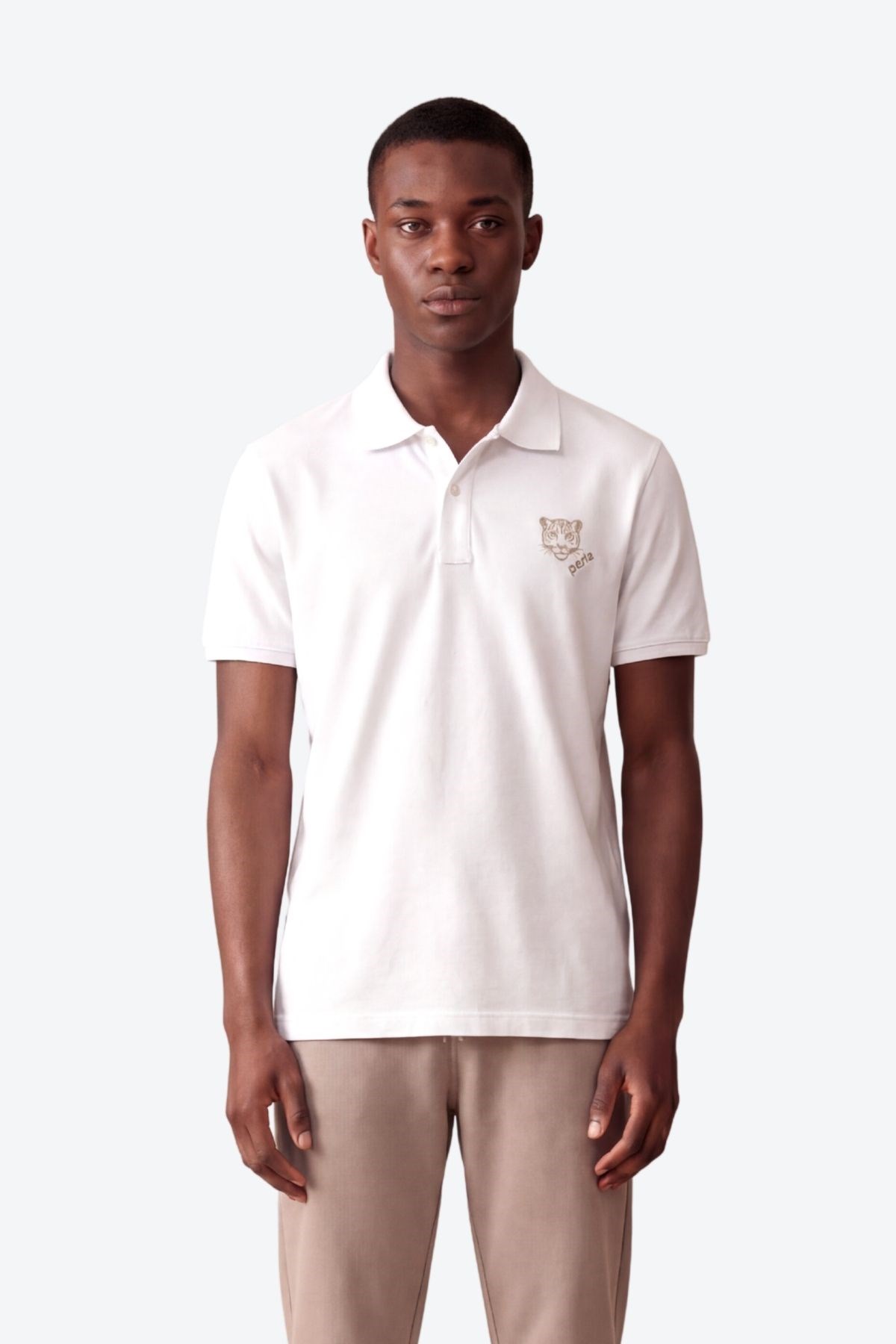 Kontür Jaguar Nakış Detaylı Slim Fit Erkek Polo Yaka Beyaz T-Shirt