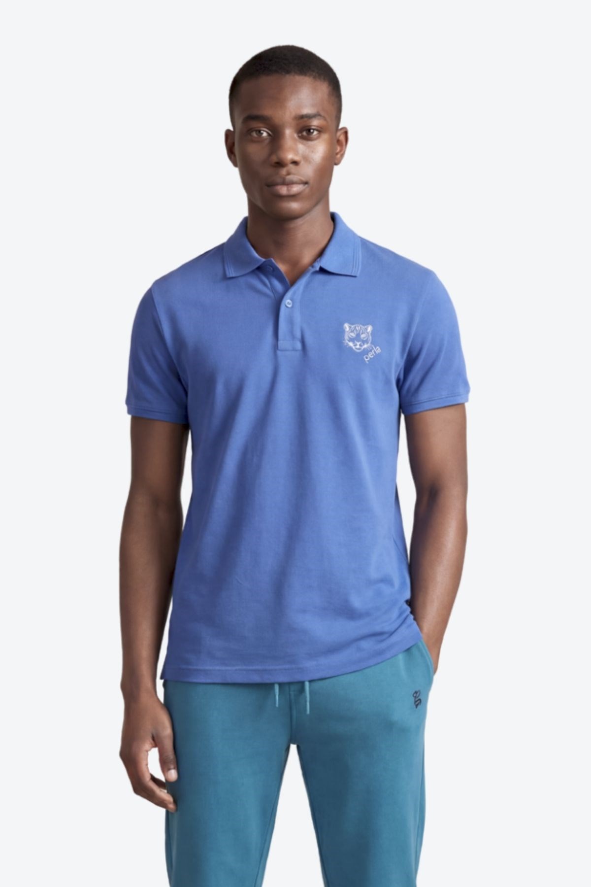 Kontür Jaguar Nakış Detaylı Slim Fit Erkek Polo Yaka Açık Mavi T-Shirt