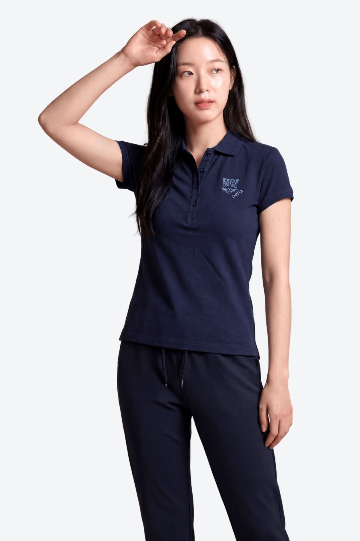 Kontür Jaguar Nakış Detaylı Slim Fit Kadın Lacivert Polo Yaka T-Shirt
