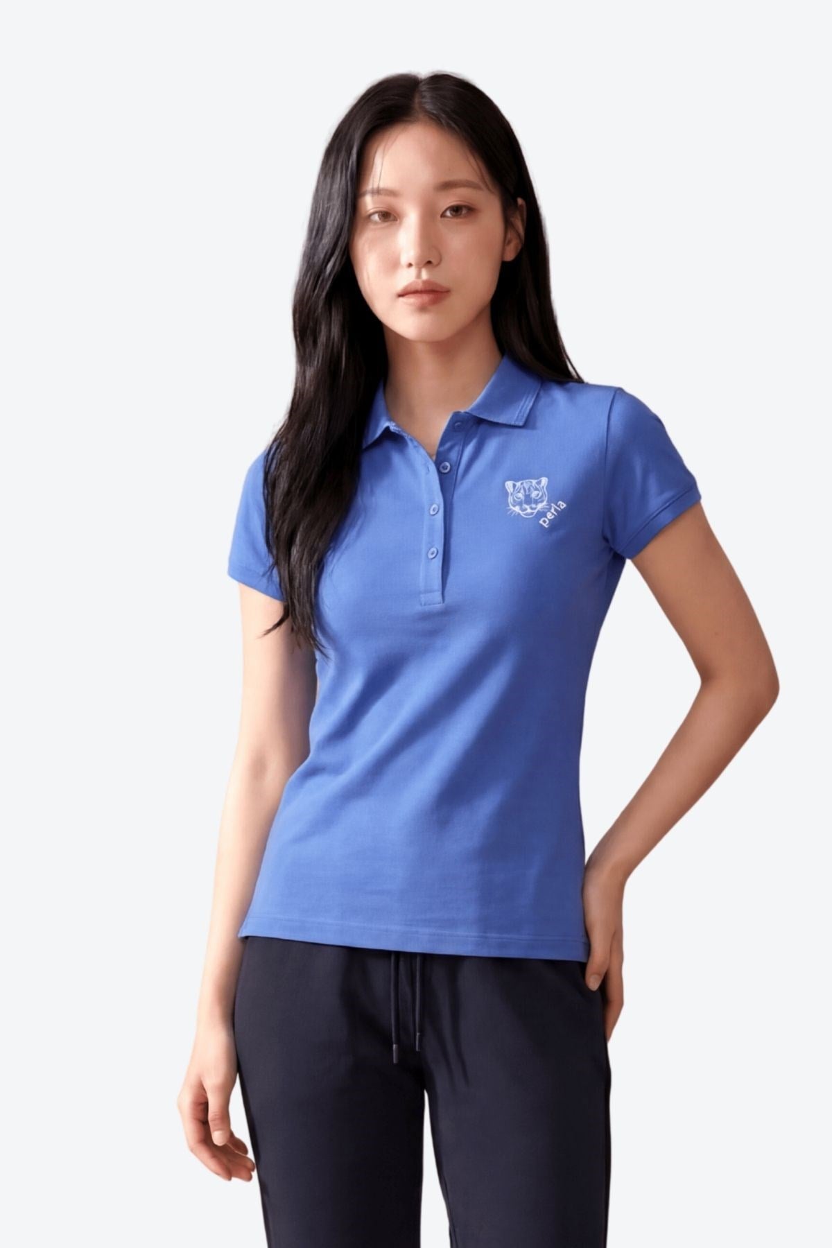 Kontür Jaguar Nakış Detaylı Slim Fit Kadın Mavi Polo Yaka T-Shirt