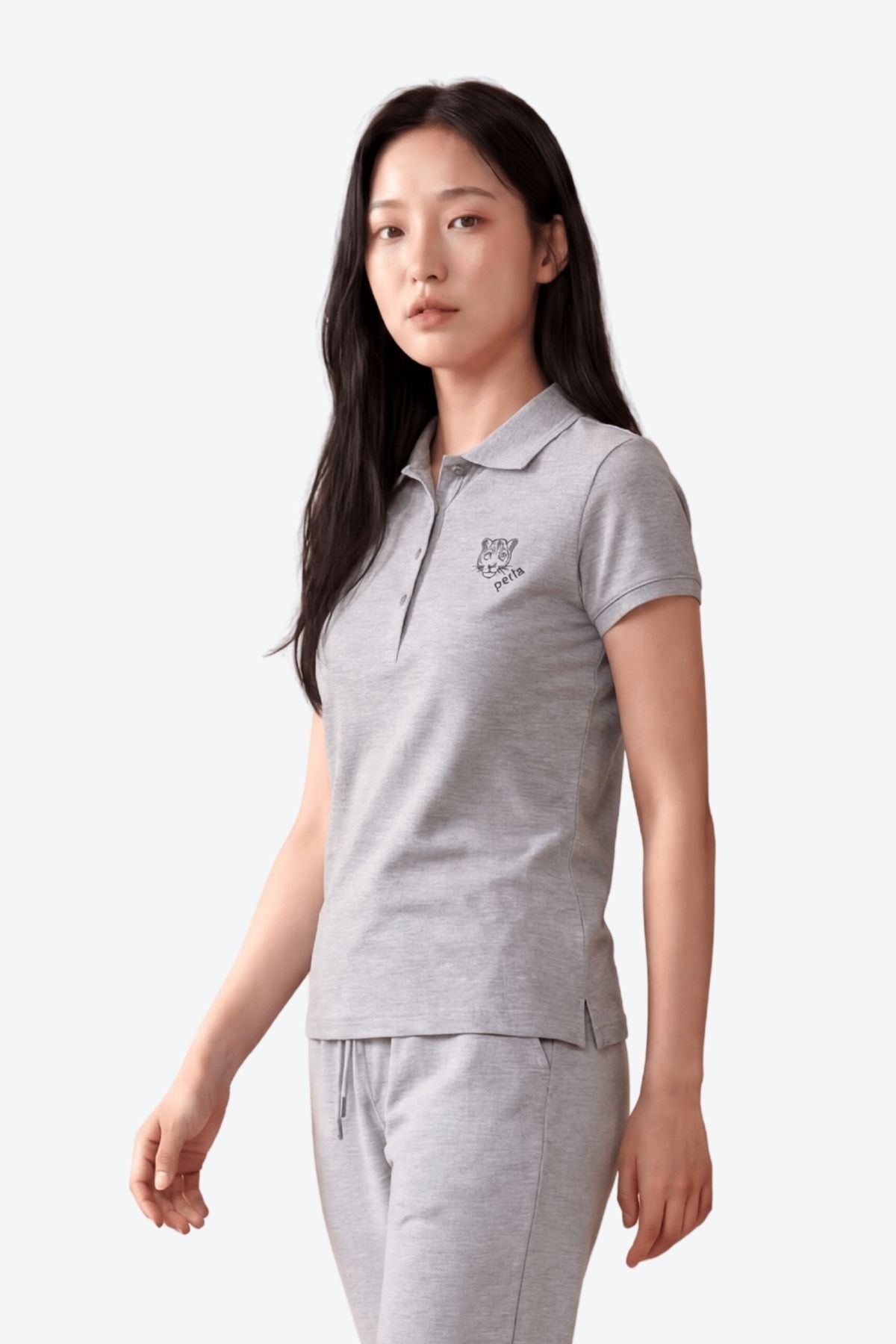 Kontür Jaguar Nakış Detaylı Slim Fit Kadın Gri Melanj Polo Yaka T-Shirt