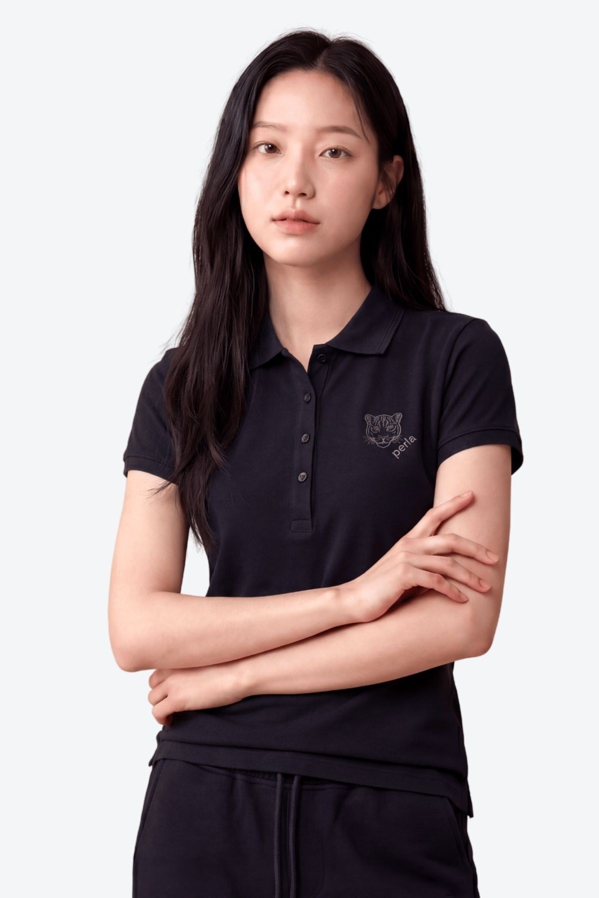 Kontür Jaguar Nakış Detaylı Slim Fit Kadın Siyah Polo Yaka T-Shirt