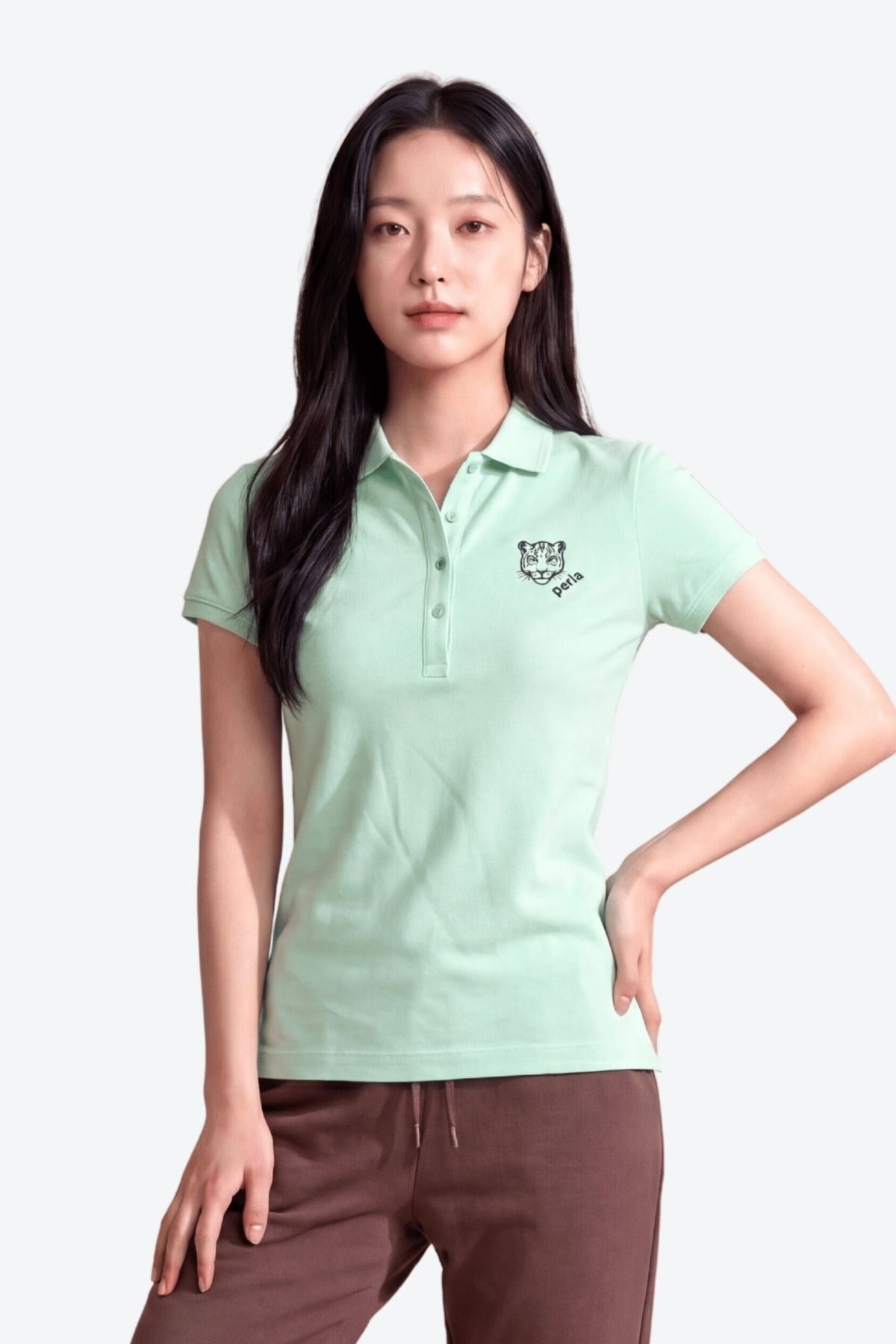 Kontür Jaguar Nakış Detaylı Slim Fit Kadın Açık Yeşil Polo Yaka T-Shirt