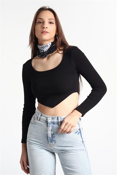 KARE YAKA UZUN KOL ÖN ASİMETRİK CROP TOP